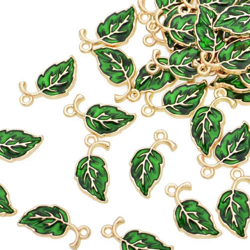 Pack of 80 Green Leaves Enamel Charms Gold Plated Colored Pendants Hawaii Style